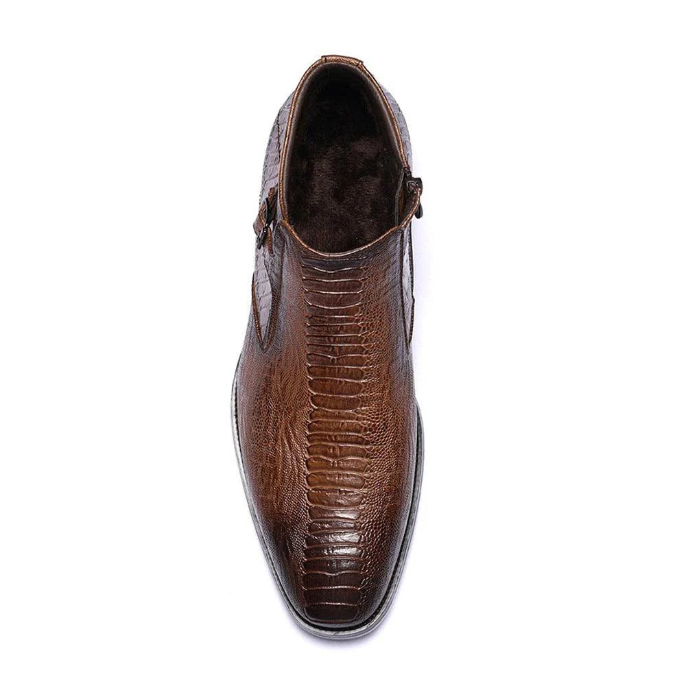 Premium men's formal Chelsea boots in brown, featuring a round toe, low wedge heel, and side zipper closure for a polished, office-ready look
