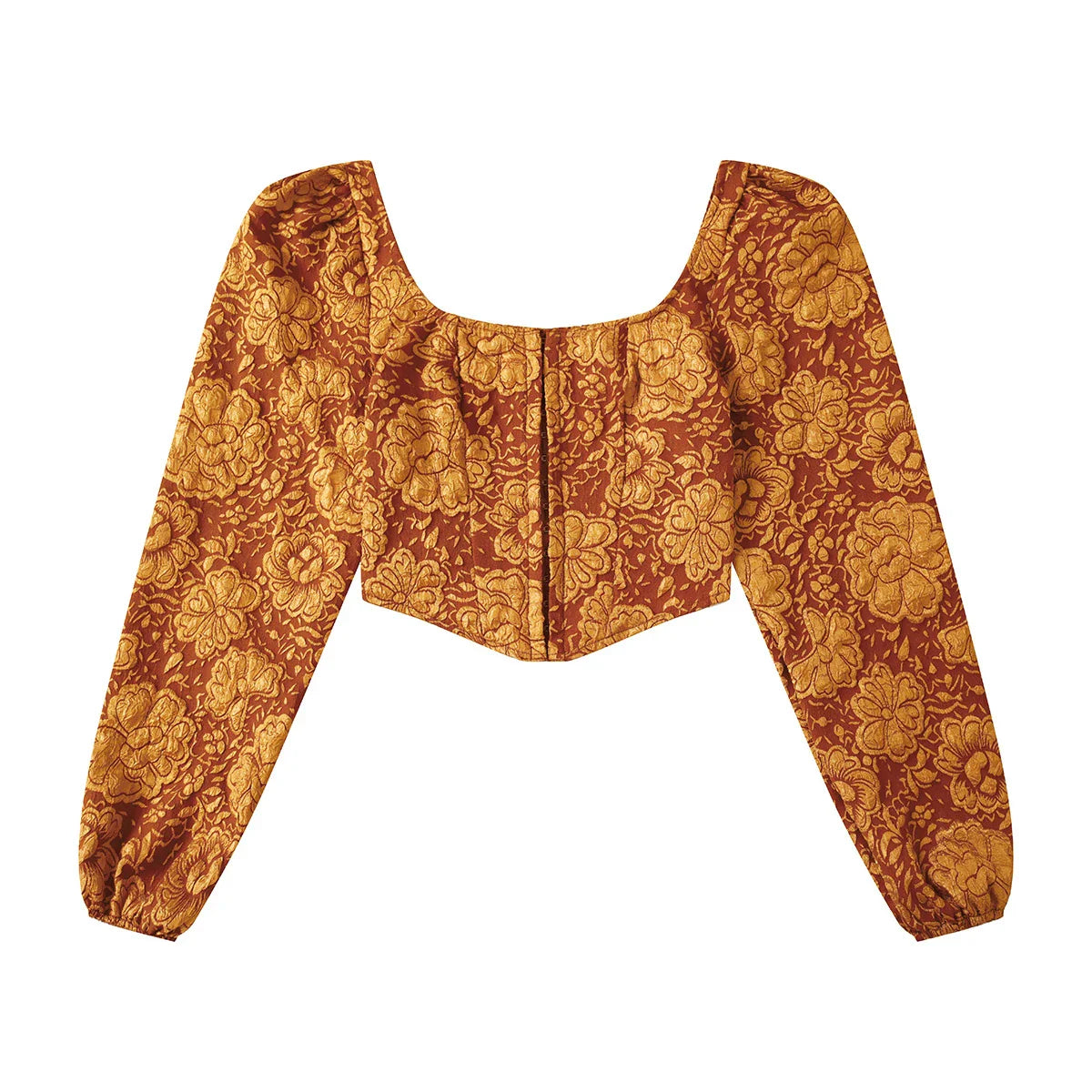 Embroidered long-sleeve tank top in brown, with square neckline and bubble sleeves