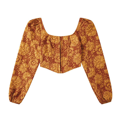 Embroidered long-sleeve tank top in brown, with square neckline and bubble sleeves