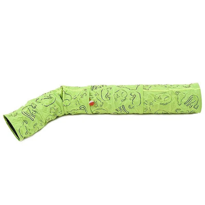 Green nylon cat tunnels with soft cloth material, designed to stimulate a cat's natural curiosity and provide hours of enrichment and entertainment.