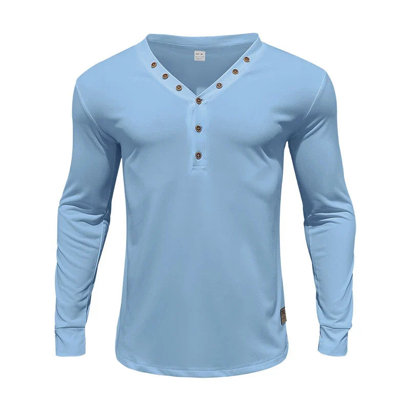 Premium men's slim-fit buttoned v-neck knit top in various colours, showcasing a tailored, sophisticated design
