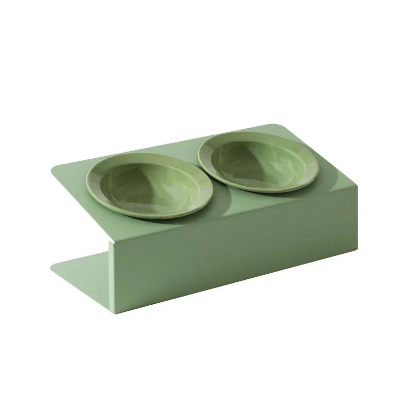 Stylish elevated ceramic pet bowls with an iron stand, designed for both cats and small dogs.