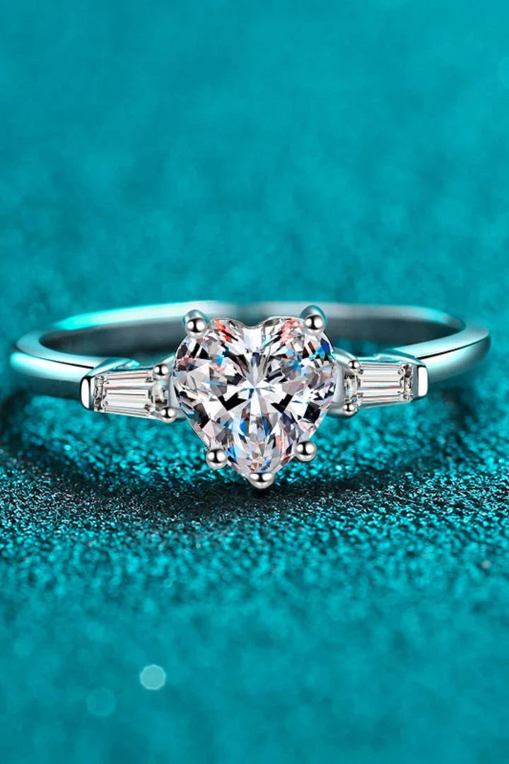 Elegant 1.2-carat moissanite heart-shaped ring in lustrous 925 sterling silver with rhodium plating