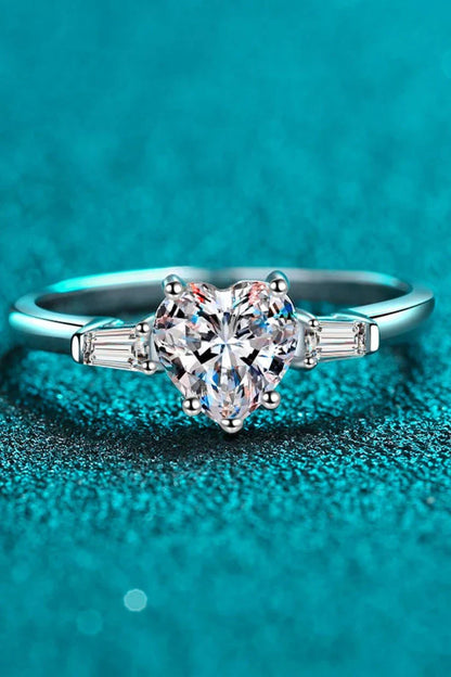 Elegant 1.2-carat moissanite heart-shaped ring in lustrous 925 sterling silver with rhodium plating