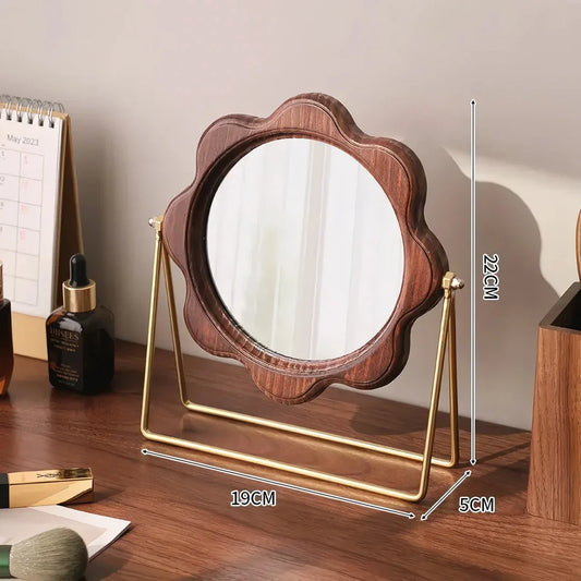 Elegant round desktop makeup mirror with wood frame in neoclassical design