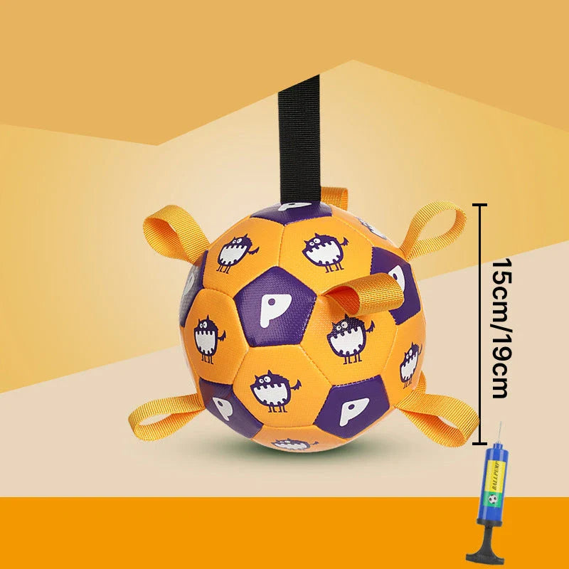 Durable leather interactive dog football toy with grab tabs for outdoor play and training