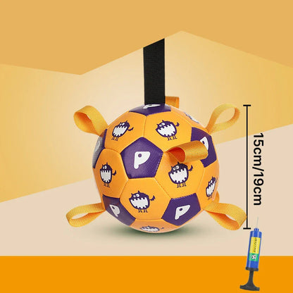 Durable leather interactive dog football toy with grab tabs for outdoor play and training
