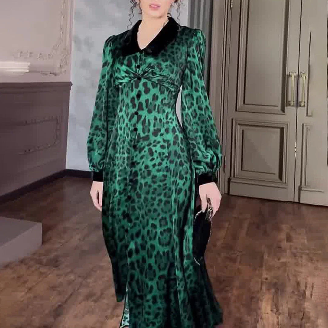A stylish leopard print dress with a waist-trimming design, perfect for adding a touch of feline fierceness to your wardrobe.