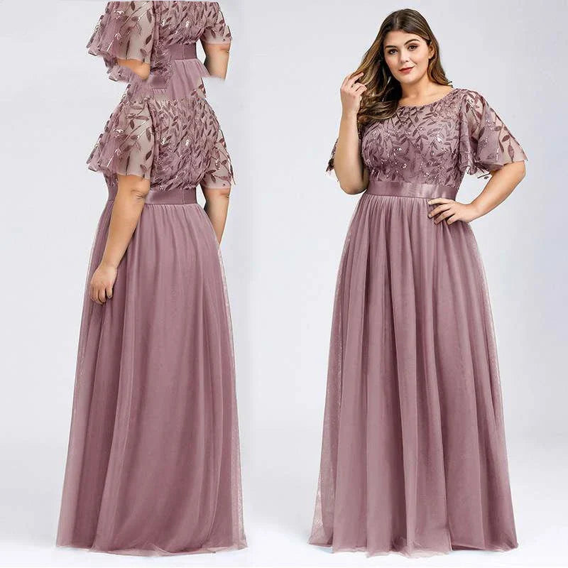 A plus size evening gown with a sparkling sequin mesh overlay in a variety of colours, including white, gray, green, black, gold, wine red, navy blue, bean paste powder, and dirty blue.