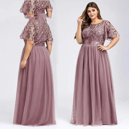 A plus size evening gown with a sparkling sequin mesh overlay in a variety of colours, including white, gray, green, black, gold, wine red, navy blue, bean paste powder, and dirty blue.
