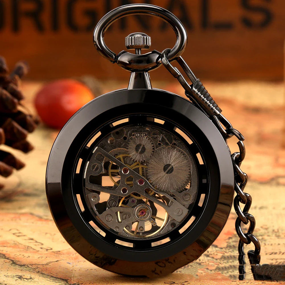 A vintage-inspired mechanical pocket watch with a skeleton display, showcasing the intricate inner workings of the timepiece.