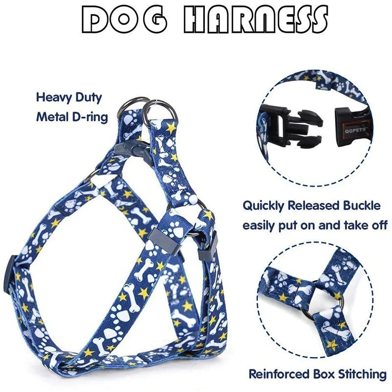 Premium adjustable no-pull dog harness and leash set with stylish pattern design, made with durable materials for comfortable and controlled walkies