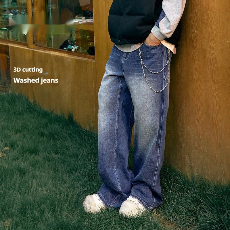 Men's Washed Blue 3D Cut Wide Leg Jeans with micro-elasticity and relaxed straight-leg fit