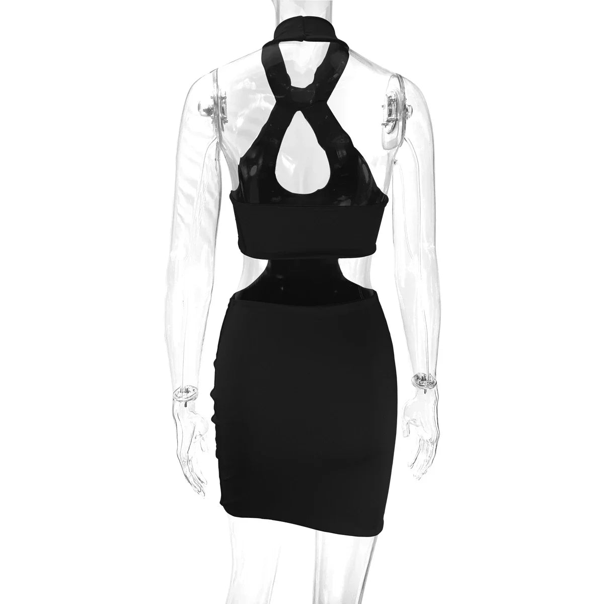 A chic backless halter dress made from premium milk silk with cut-outs at the hips, perfect for formal or semi-formal events.