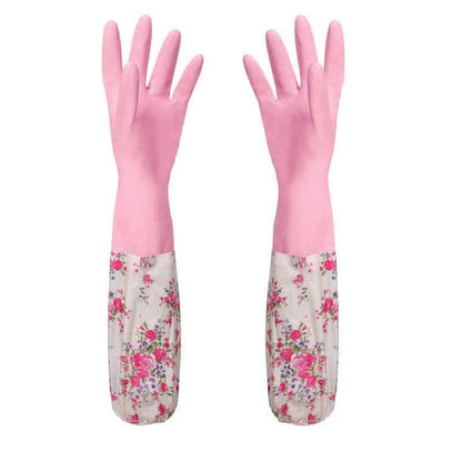 Floral printed rubber kitchen gloves with long length for comprehensive hand and forearm protection