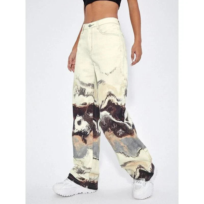 Stylish tie-dye wide-leg high-waist jeans in various sizes, featuring a unique colorblock design and premium denim fabric.