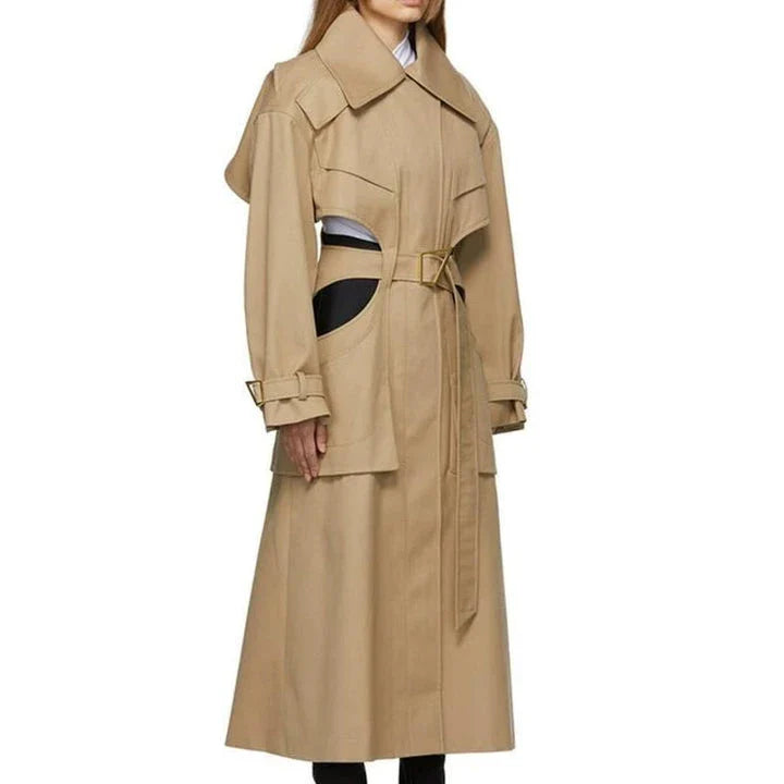 A stylish high-waist hollow-out trench coat in khaki green, designed for the modern British woman's autumn wardrobe.