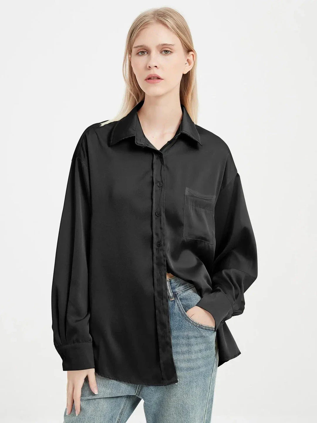 Elegant satin silk long sleeve blouse in black, white, and yellow colours