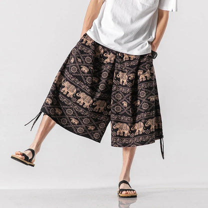 Men's loose-fitting Chinese-inspired cropped pants with a dragon or elephant floral pattern in navy blue, red, or coffee colours