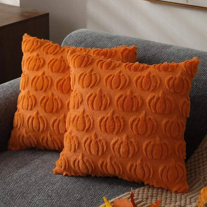 Cosy autumn pumpkin cushion cover made from luxurious faux fur, featuring a charming farmhouse-inspired design.