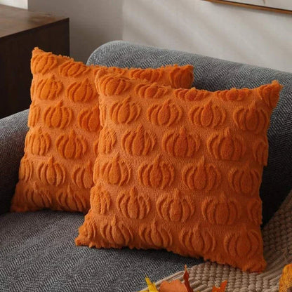 Cosy autumn pumpkin cushion cover made from luxurious faux fur, featuring a charming farmhouse-inspired design.