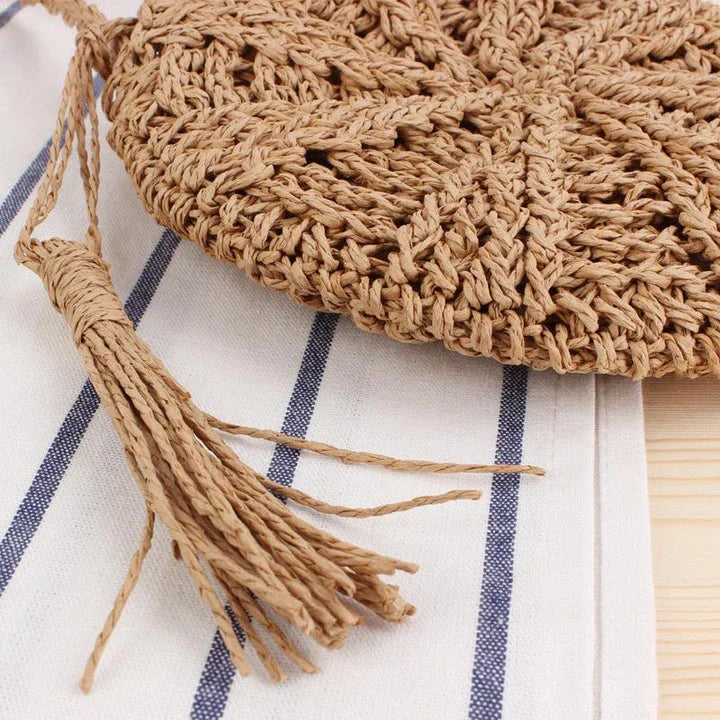 Bohemian Rattan Round Crossbody Bag in Beige Colour with Playful Tassel Accent