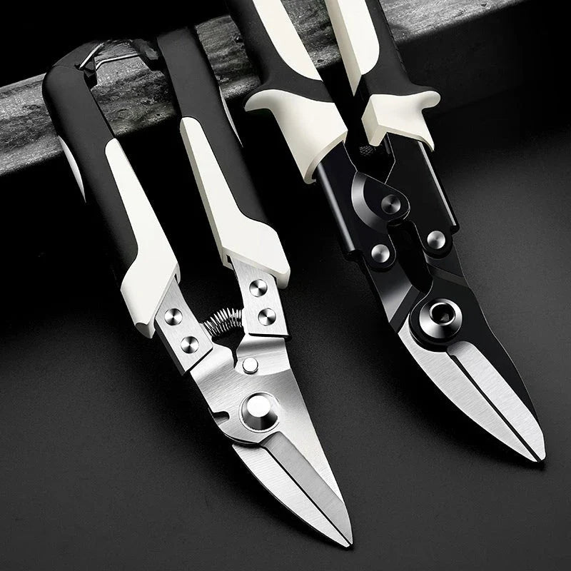 Premium Multi-Directional Metal Sheet Cutting Scissors with stainless steel blades and ergonomic rubber handle