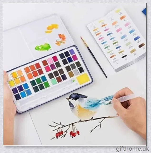 A set of vibrant watercolour paints with a glittering, iridescent effect, including brushes, a palette, and paper for a complete painting experience.