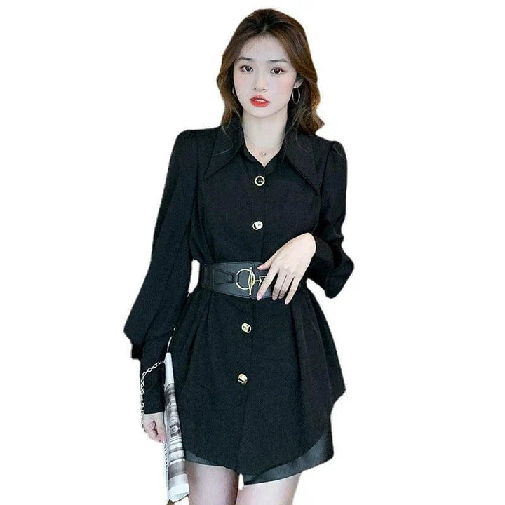 Elegant long sleeve women's blouse with metal buckle belt in white and black colours