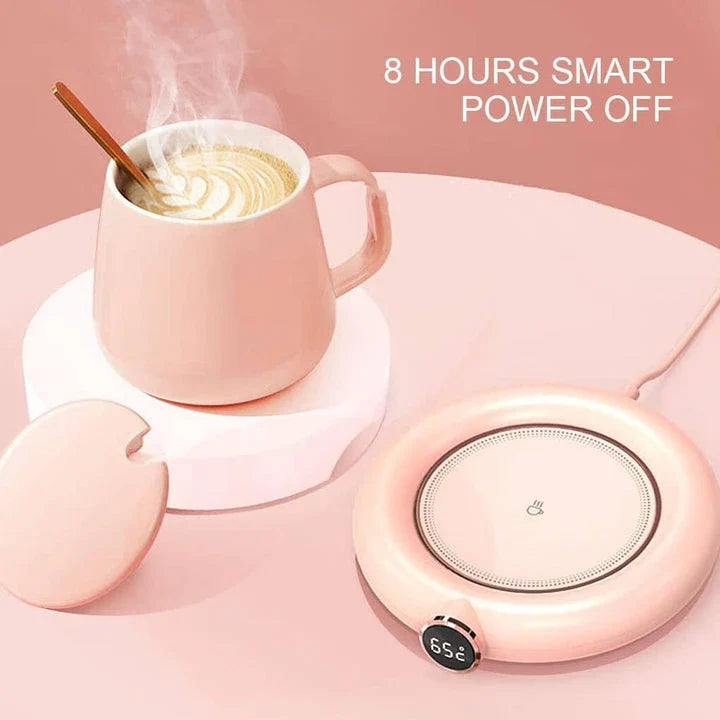 Premium Electric USB Mug Warmer in white, with three temperature settings and automatic shut-off feature for perfectly hot beverages