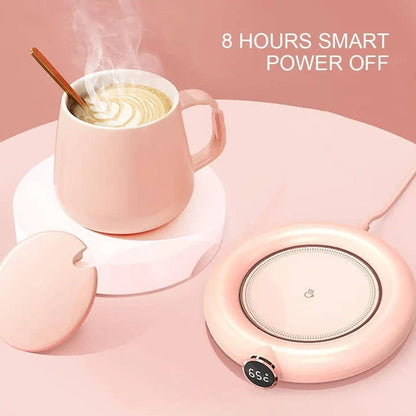 Premium Electric USB Mug Warmer in white, with three temperature settings and automatic shut-off feature for perfectly hot beverages