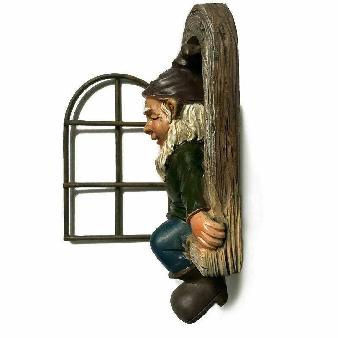 Naughty Elf Out The Door Tree Hugger Garden Statue, a charming resin gnome figure designed to hang on trees or peek out from windows and doors