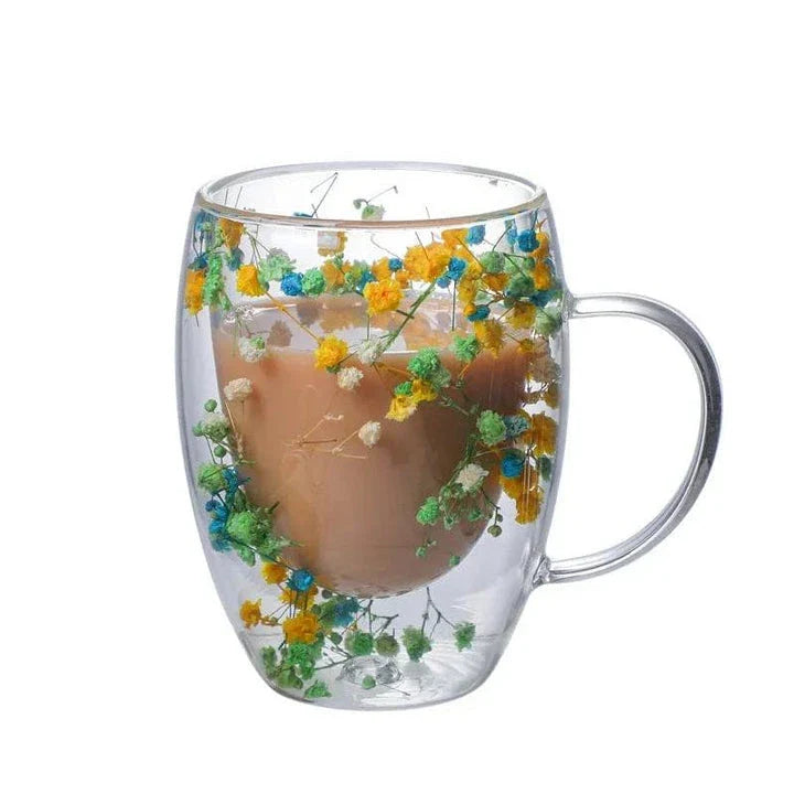 Elegant double-walled glass tea mug with captivating floral display, perfect for hot and cold beverages