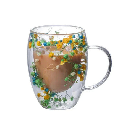Elegant double-walled glass tea mug with captivating floral display, perfect for hot and cold beverages