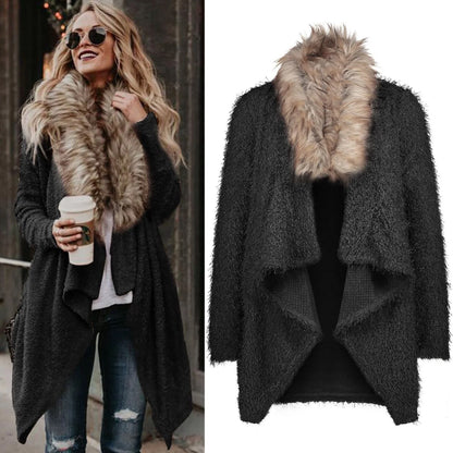 Premium plush trench coat with luxurious fur collar in khaki colour, perfect for transitional British weather