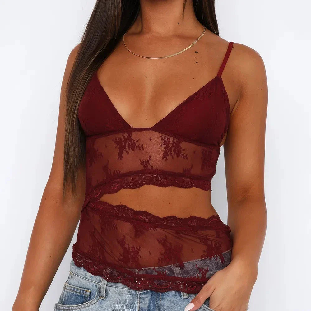 Stylish floral lace camisole top with spaghetti straps and backless design for fashion-forward summer looks