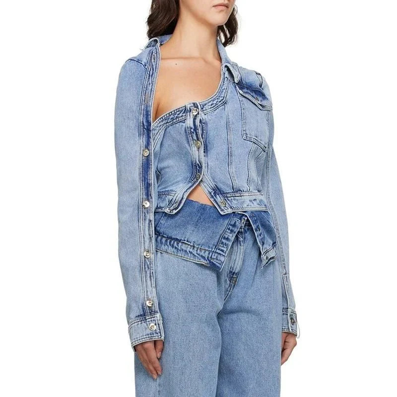 Stylish patchwork denim jacket with unique design and irregular hem, perfect for spring and summer in the UK