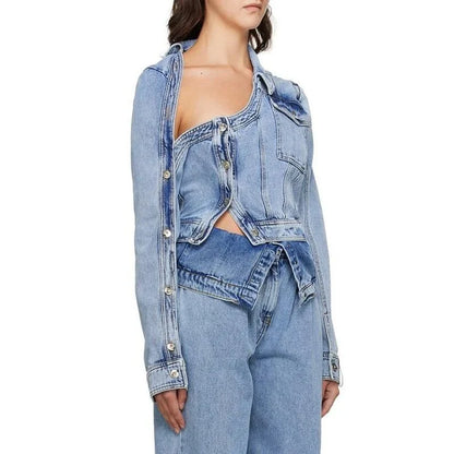 Stylish patchwork denim jacket with unique design and irregular hem, perfect for spring and summer in the UK
