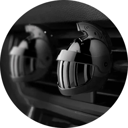 Premium medieval knight helmet-shaped air freshener made of aluminium alloy, designed to clip onto car air vents and refresh vehicle interiors