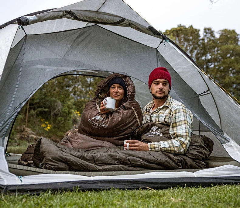 Naturehike Luxury Down-filled Sleeping Bag for Outdoor Camping in Hollow Cotton/Clay Gray, Hollow Cotton/Moxa Leaf Green, and Down Cotton/Sky Blue colours