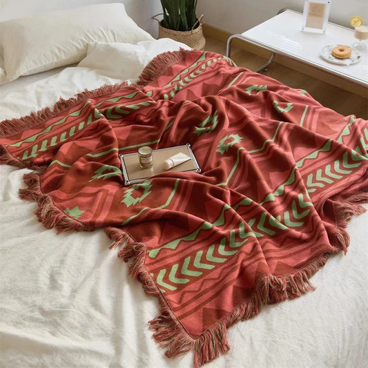 Cosy Indian Tribal Geometric Throw Blanket in Vibrant Red and White Patterns