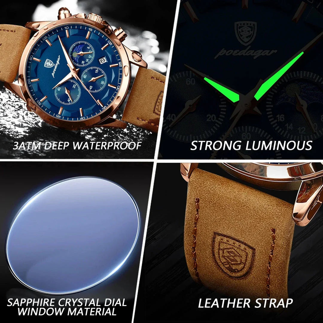 Premium Quartz Chronograph Sports Watch with stainless steel case, luminous hands, and adjustable leather strap