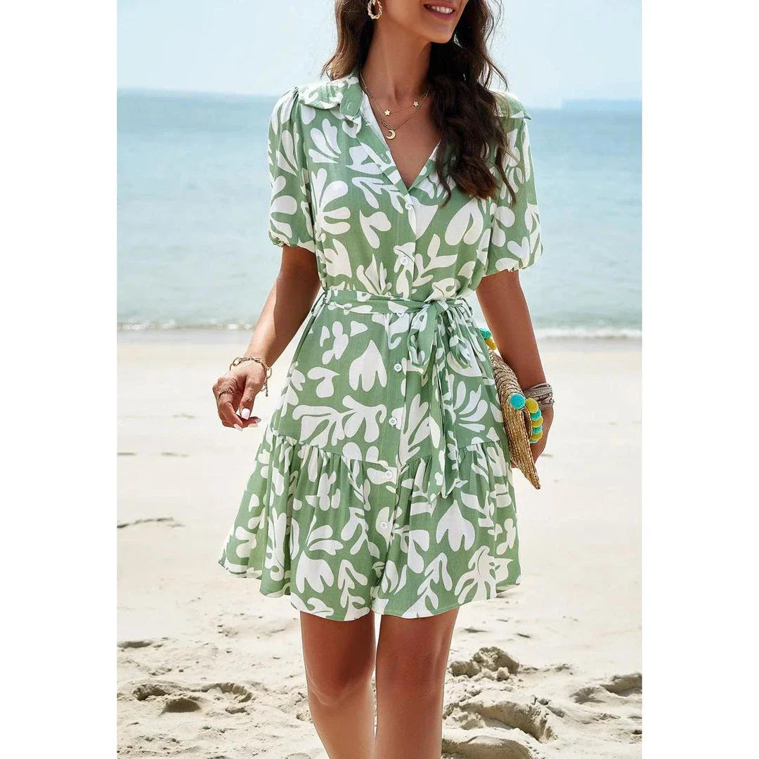 Elegant Geometric Print Mini Dress in Khaki with A-Line Silhouette and V-Neckline