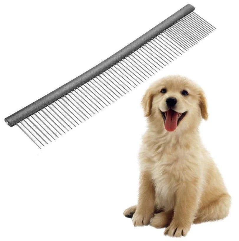 A chrome-plated pet grooming comb with a sleek and durable design, suitable for gently brushing and maintaining your furry friend's coat.
