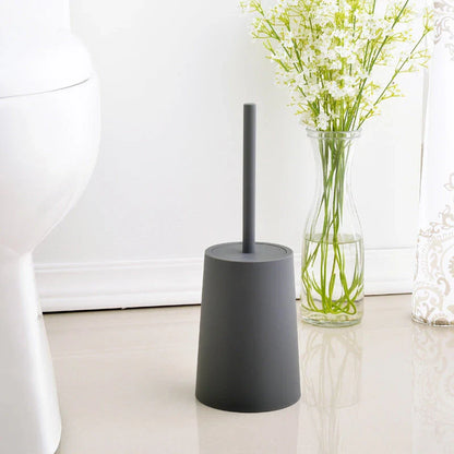 Elegant black toilet brush with stylish lid and base, designed for thorough cleaning and modern bathroom decor
