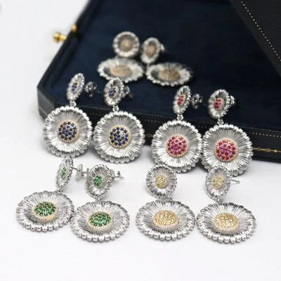 Long Small Daisy Stud Earrings in two-tone design for fashionable British women