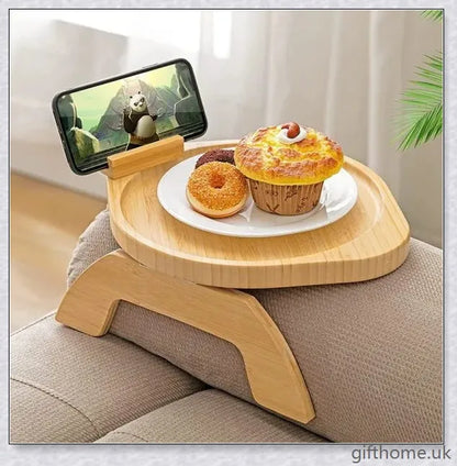 Elegant bamboo sofa tray with a natural finish, designed for relaxation and serving beverages or snacks in the living room or bedroom.