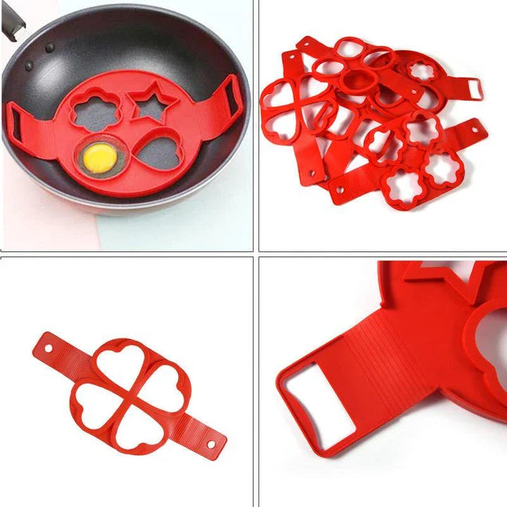 Red silicone non-stick pancake and egg mold ring for making perfectly shaped breakfast items