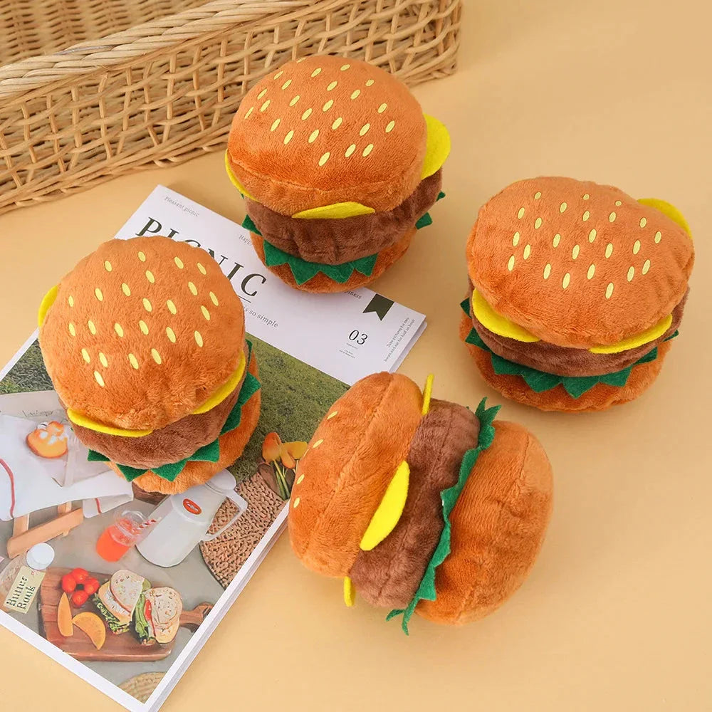 Adorable plush squeaky burger toy for dogs and cats, designed for long-lasting play and chewing comfort