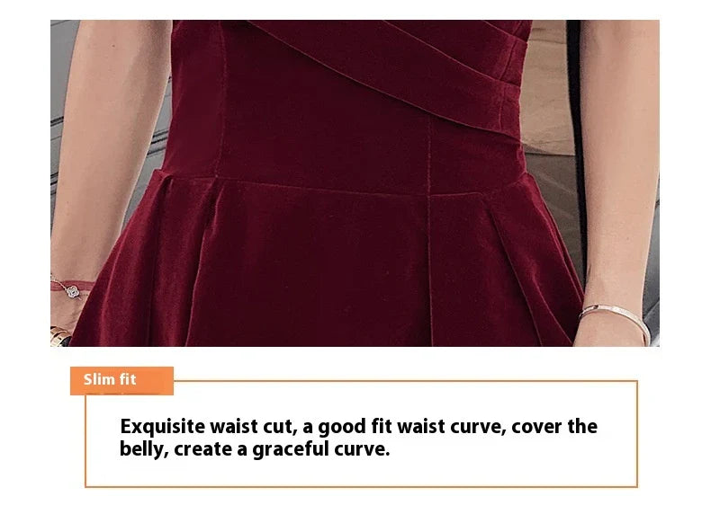 Off-shoulder wine red bridal dress with long, flowing skirt and tight waist for a sophisticated, elegant look